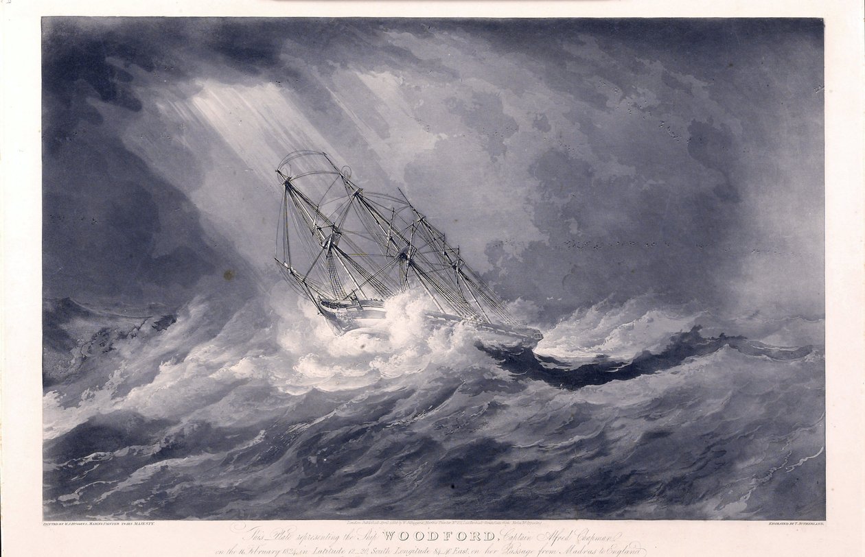 Fartyget "Woodford" (byggt 1819, i Bristol, England), ägare och kapten Alfred Chapman, 1824, på väg mellan Madras (Indien) och England, fångad i stormen av William John Huggins