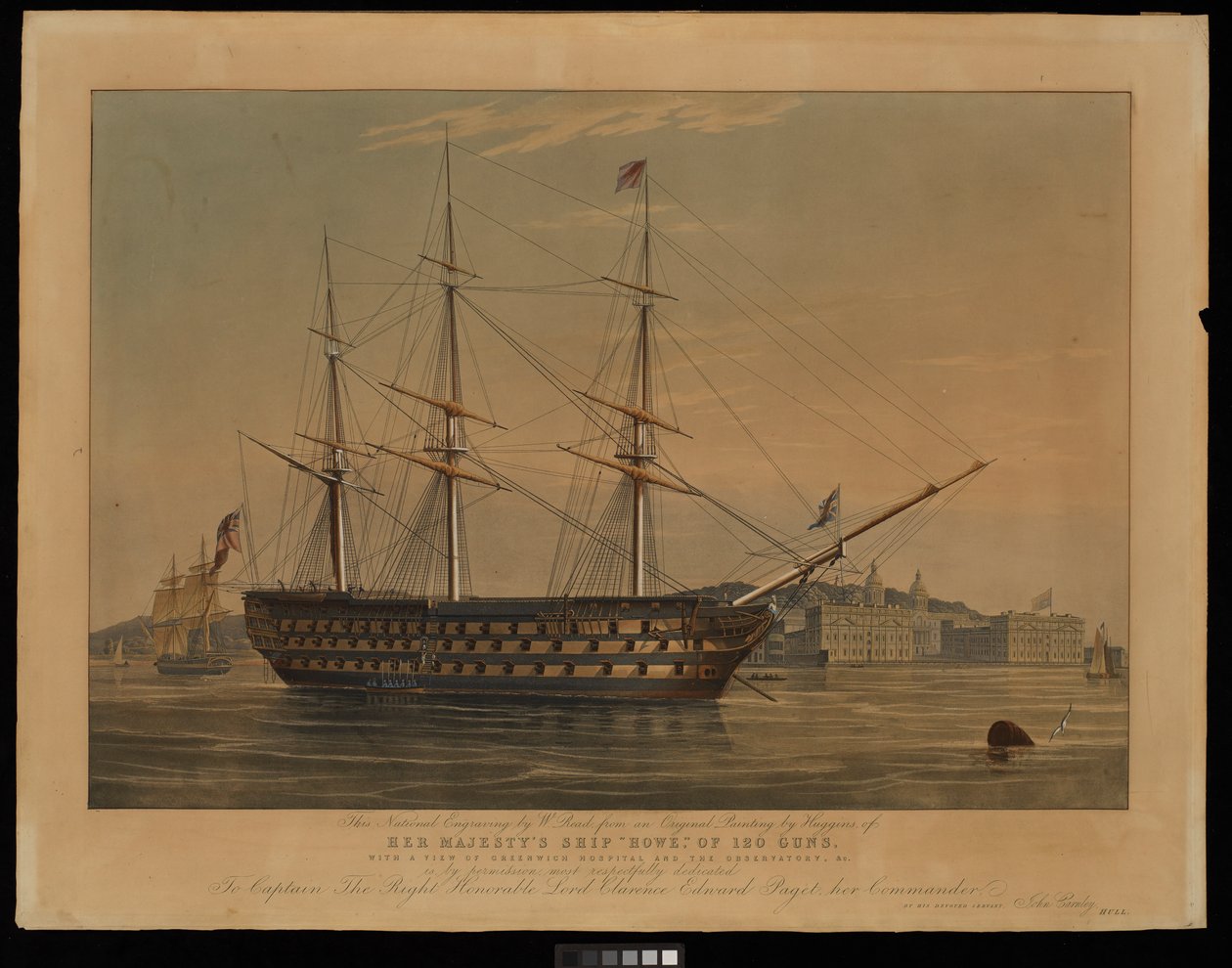 Denna nationella gravering av W Read från en originalmålning av Huggins, av Hennes Majestäts skepp Howe, med 120 kanoner, med utsikt över Greenwich Hospital och observatoriet, c... av William John Huggins