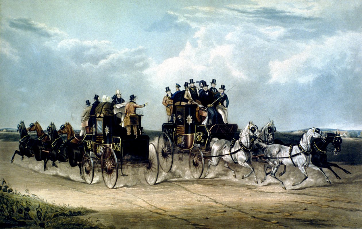 Brighton Day Mails passerar över Hockward Common, graverade av Charles Hunt av William Joseph (after) Shayer