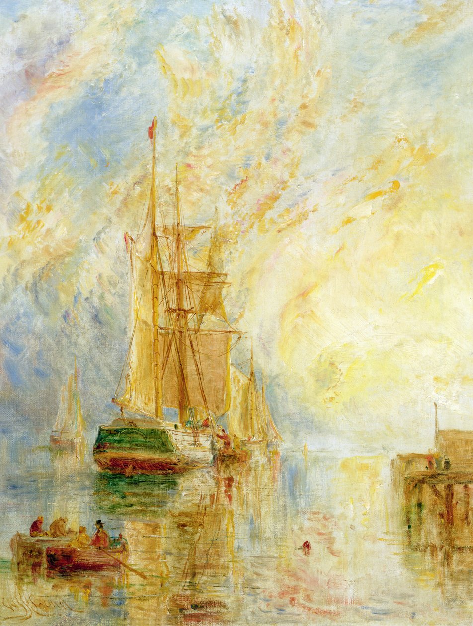 Båt i hamn, solnedgång (olja på duk) av William Joseph J.C. Bond