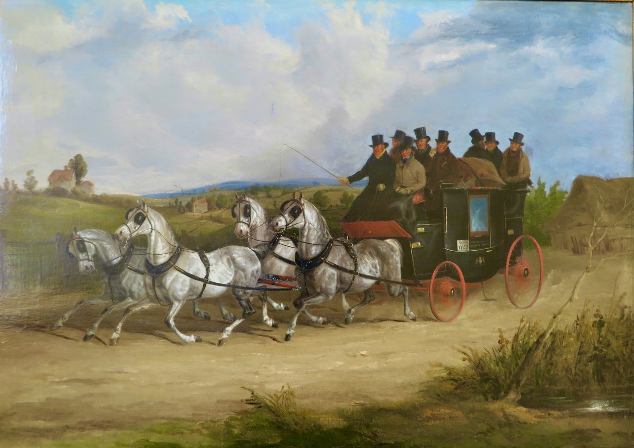 Diligens från London till Brighton dragen av ett spann gråa hästar (olja på duk) av William Joseph Shayer