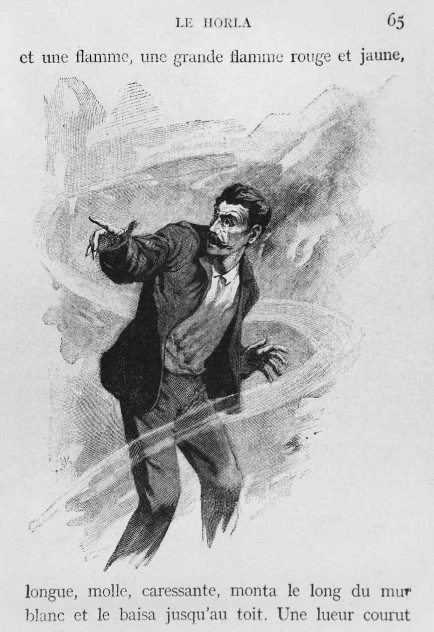 Berättaren, illustration ur "Le Horla" av Guy de Maupassant (1850-93), graverad av Georges Lemoine, Paris, Editions Albin Michel, ca 1910 (trägravyr). av William Julian Damazy