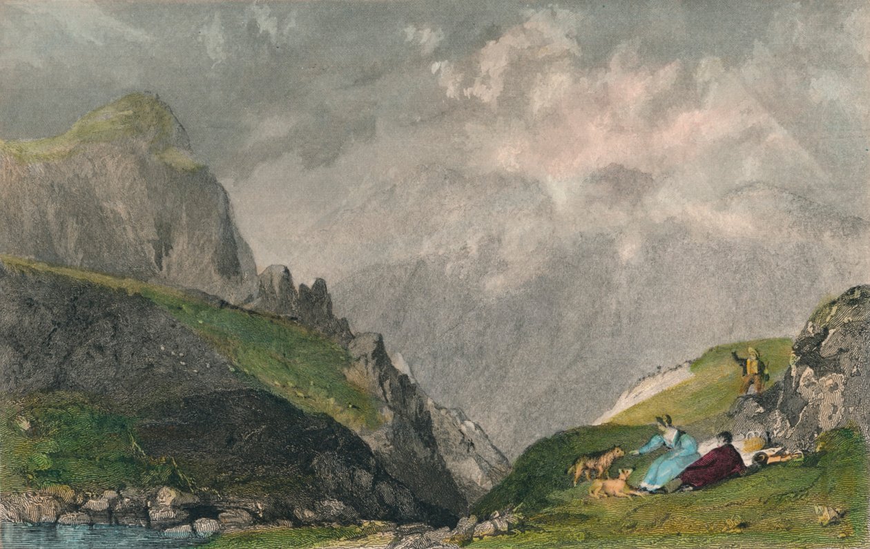 "Utsikt från Langdale Pikes, Looking Towards Bowfell, Westmorland", 1835 av William Kelsall
