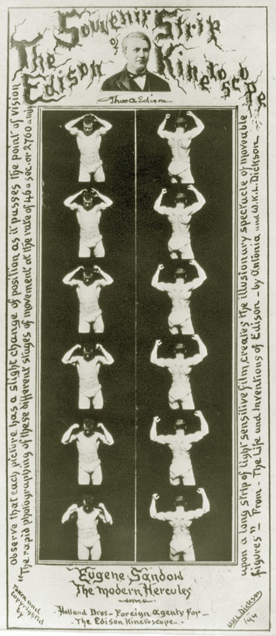 Souvenirremsan av Edison Kinetoscope Eugene Sandow, den moderna Hercules, c.1894 bw foto av William Kennedy Laurie Dickson