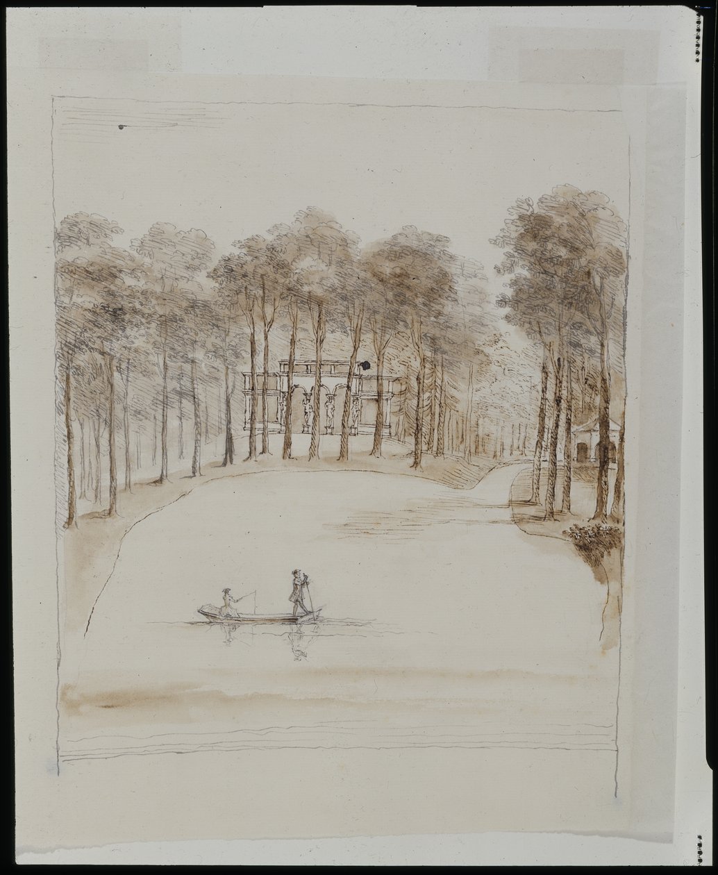 Birdhouse på Chiswick; pool med ett par i en båt, kvinnan som fiskar (penna & brun tvätt över penna på papper) av William Kent