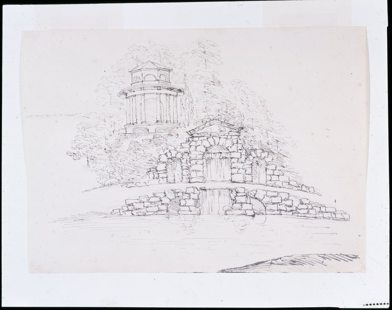 Chiswick, design för en stenordskaskad med ett åttakantigt doriskt tempel på terrassen bakom (penna och bläck över penna på papper) av William Kent