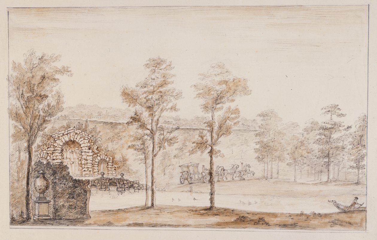 Chiswick, design för en rustik kaskad och bro mot terrassen (penna & bläck och skölj över penna på papper) av William Kent