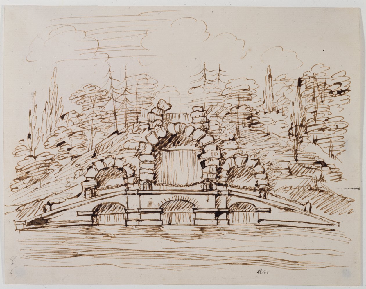 Chiswick, design för kaskaden som byggd (penna och bläck över penna på papper) av William Kent