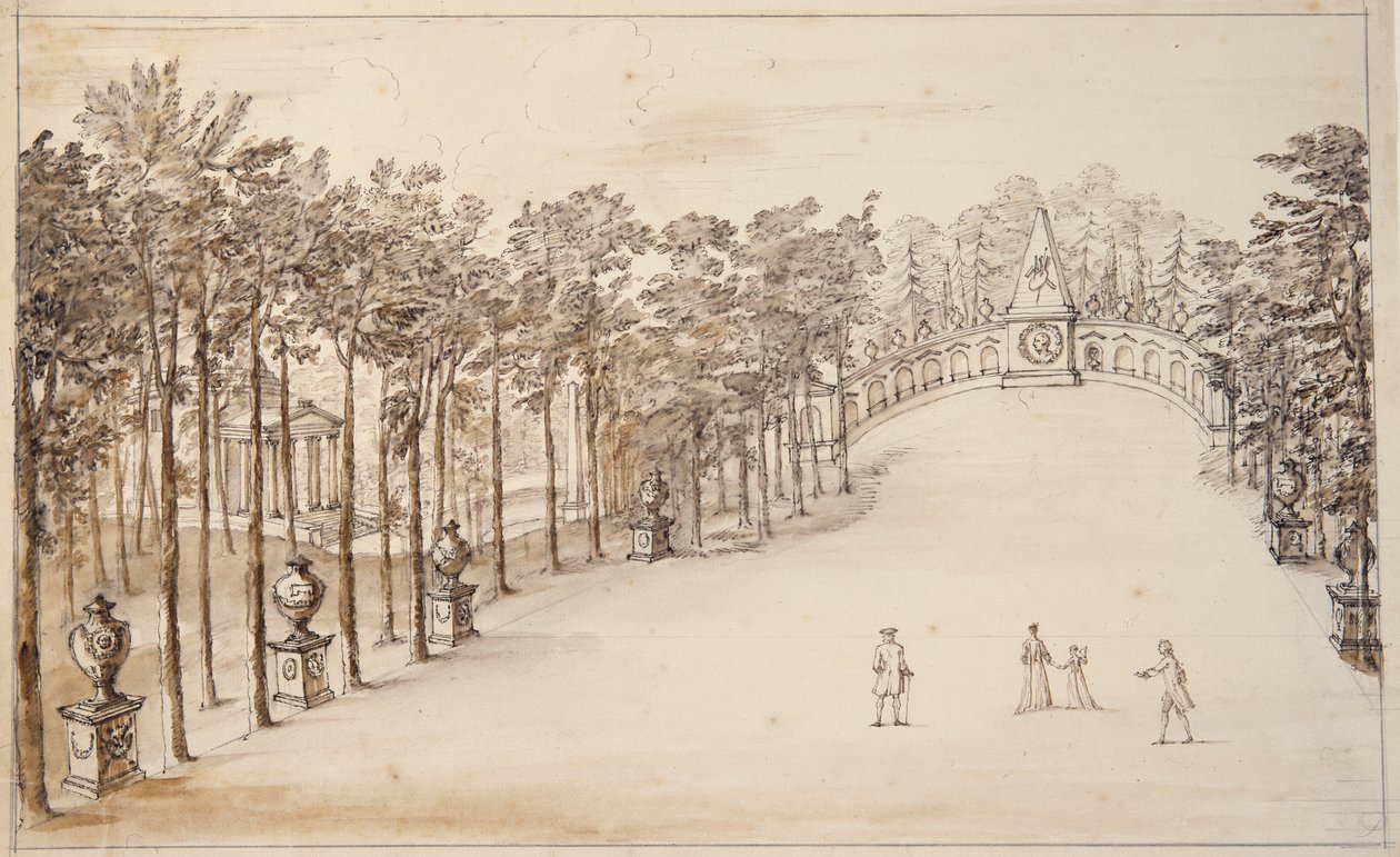 Chiswick, första design för Exedra (penna & bläck och tvätt på papper) av William Kent