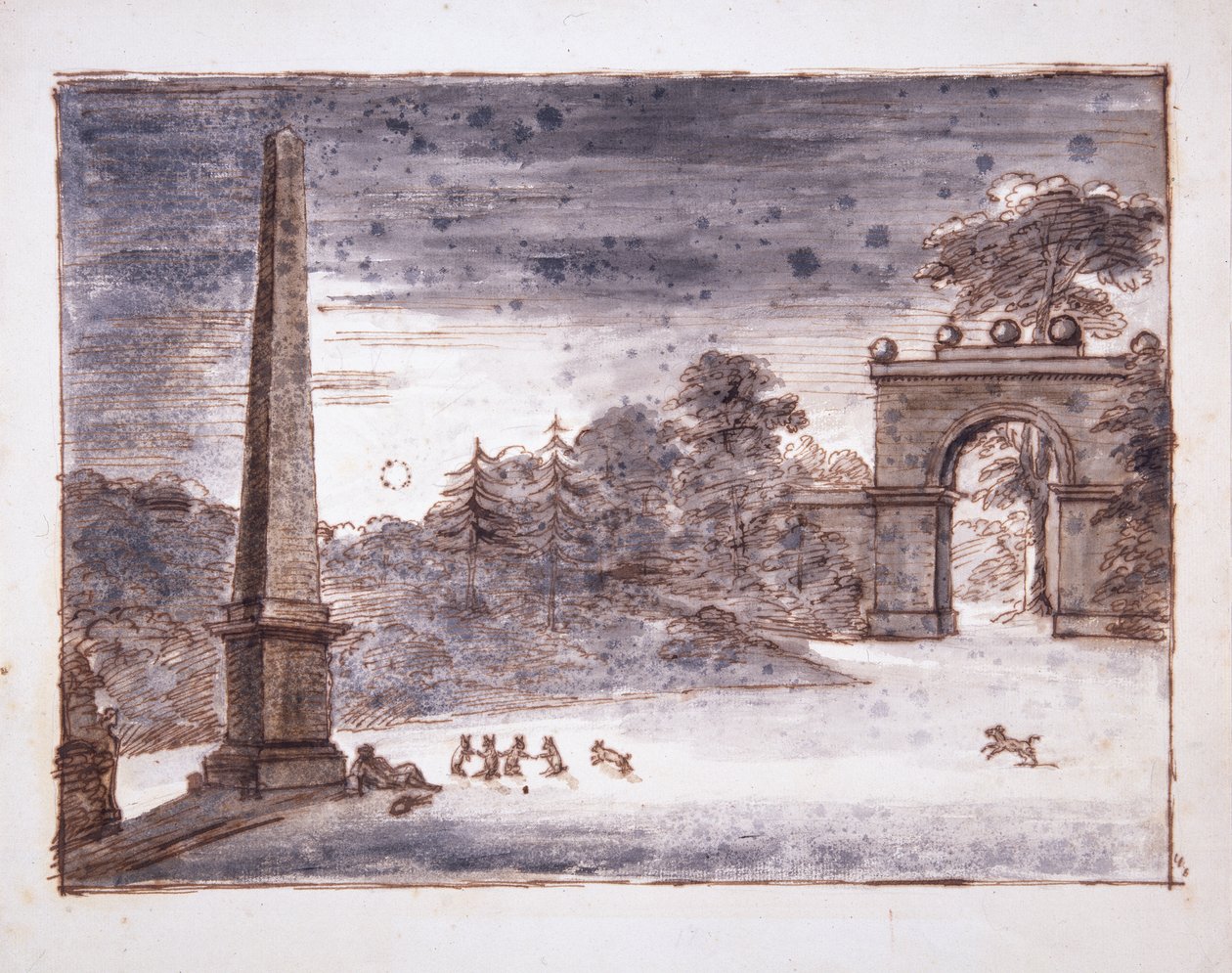 Chiswick, Burlington Lane Gate och obelisken i månskenet med Kent som sitter vid obelisken och drömmer, och med kaniner på spel, ca 1732 (penna & bläck och tvätt på papper) av William Kent
