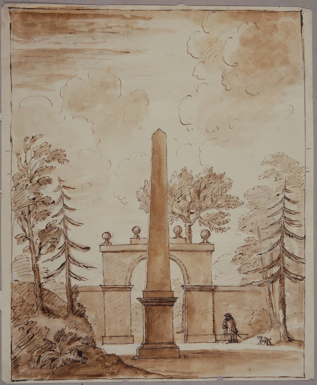 Chiswick, utsikt över Burlington Lane Gate, obelisken i förgrunden och Kent med hund (penna & bläck och tvätt på papper) av William Kent