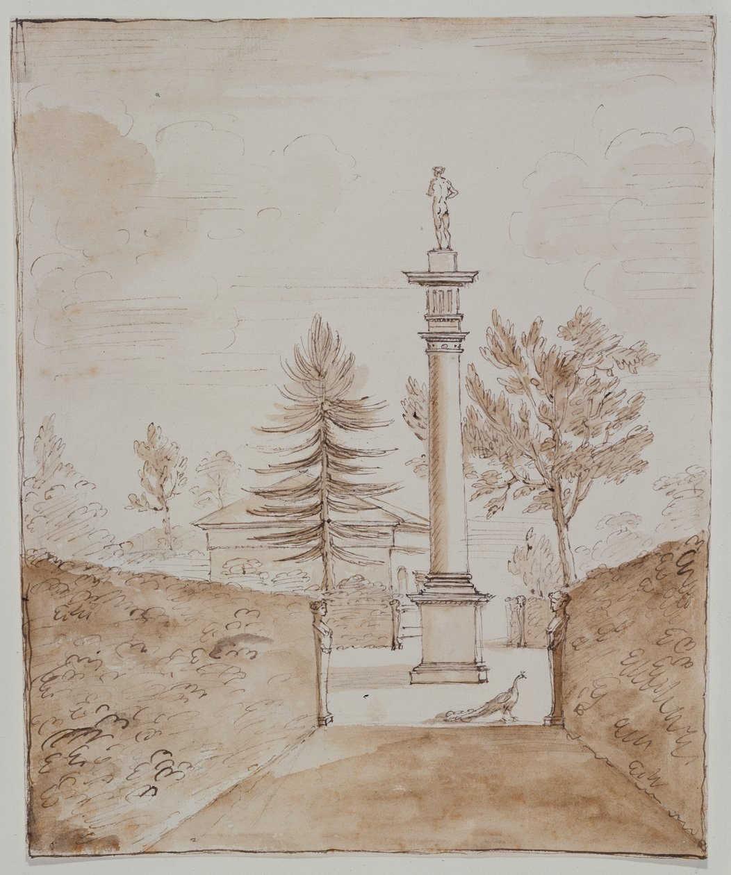 Chiswick, utsikt över den doriska kolumnen med Venus de Medici-statyn och en glimt av sidan av hjorthuset (penna och bläck på papper) av William Kent