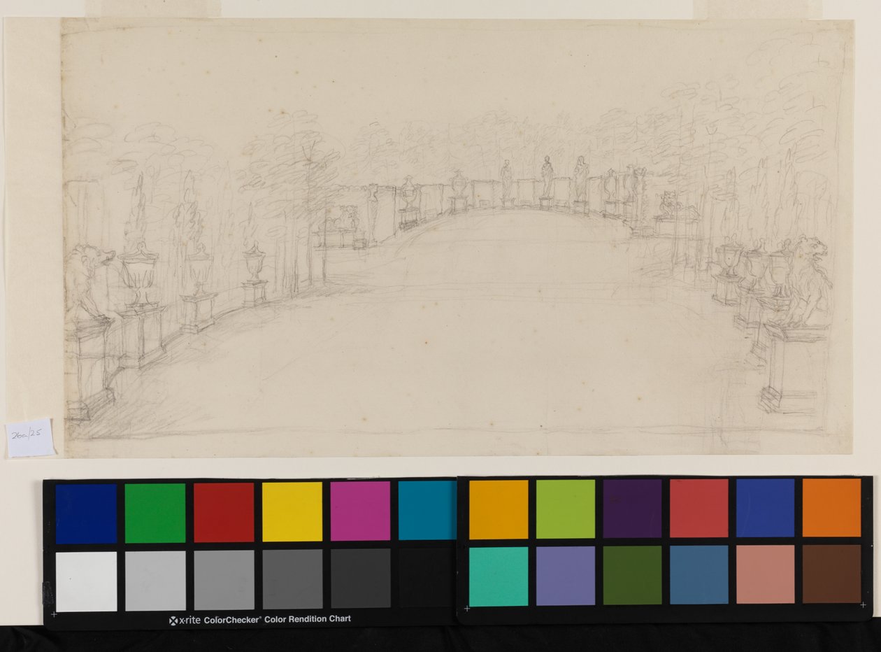 Chiswick, utsikt över Exedra som visar placering av skulptur (penna på papper) av William Kent