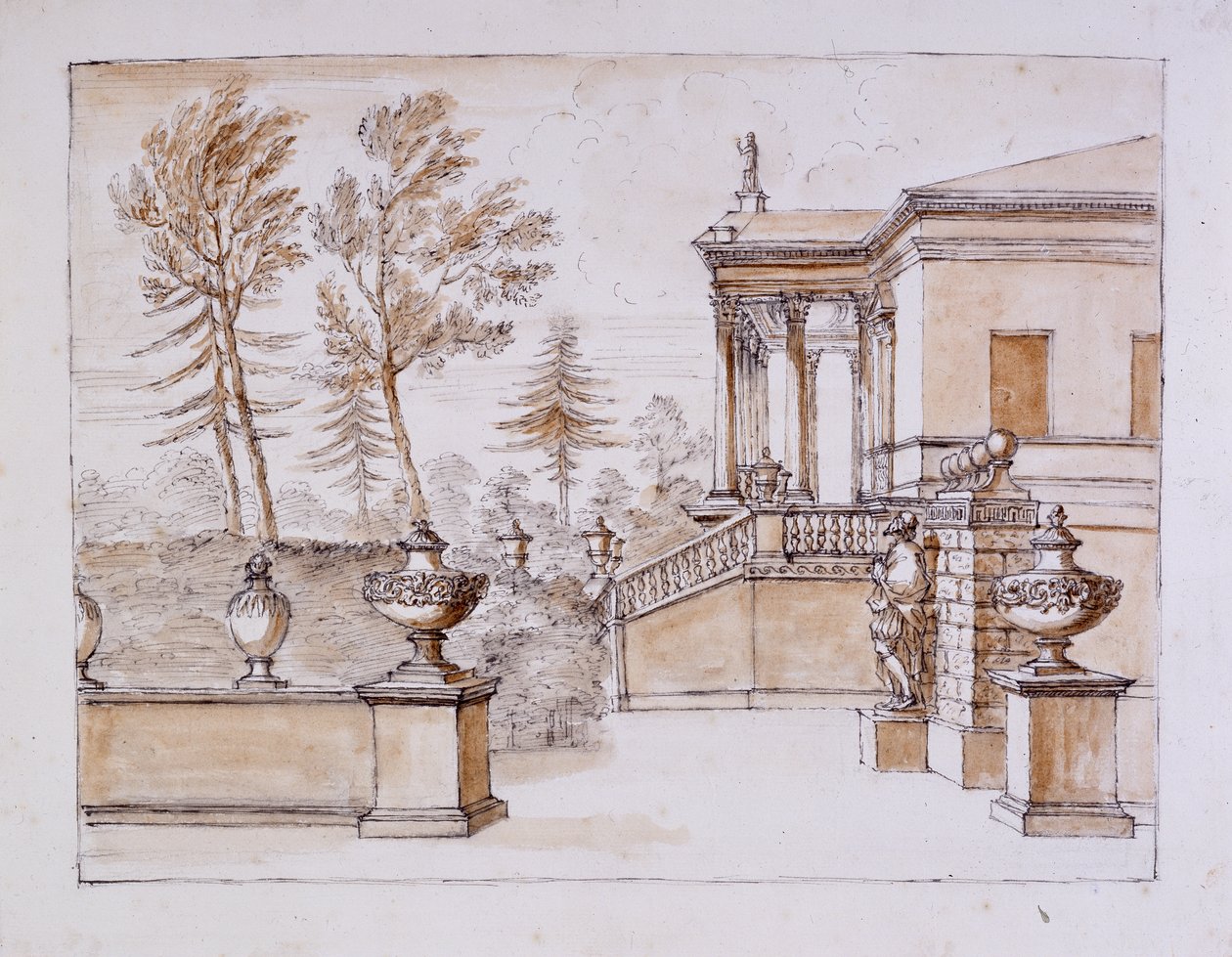 Chiswick, utsikt över villan på Inigo Jones-statyns sida (penna & bläck och skölj över penna på papper) av William Kent