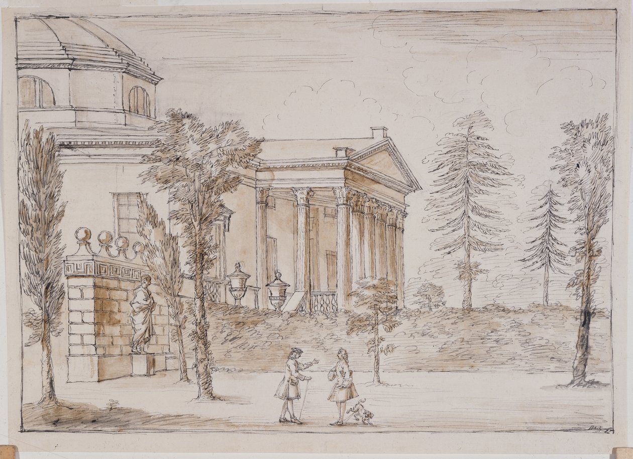 Chiswick, utsikt över villan från Palladio-statyns sida (penna & bläck och skölj över penna på papper) av William Kent