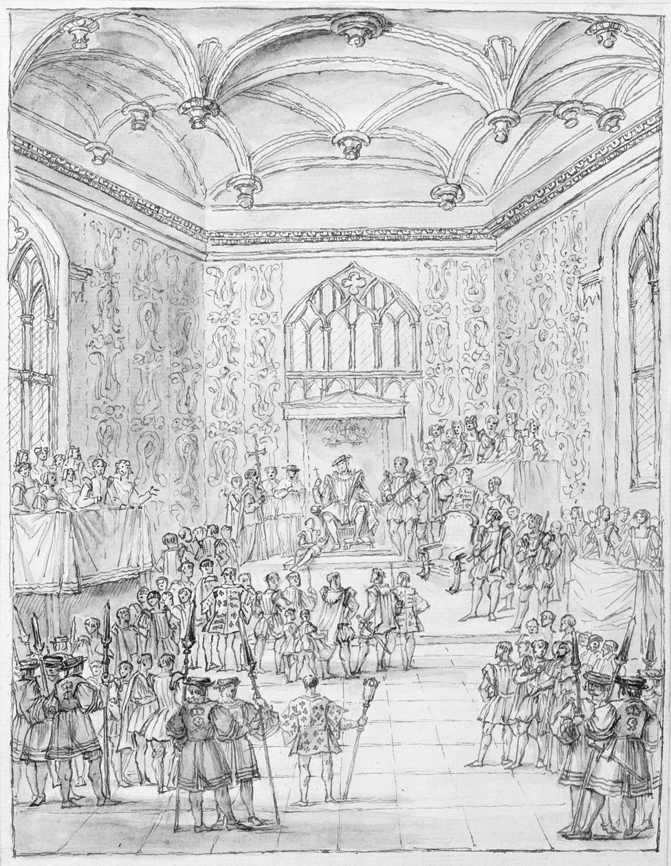 Henrik VIII tar emot den franske ambassadören Montmorency vid Hampton Court. av William Kent