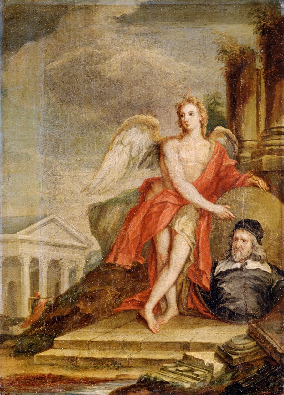 Arkitekturens geni håller ett porträtt av Inigo Jones (olja på duk) av William Kent
