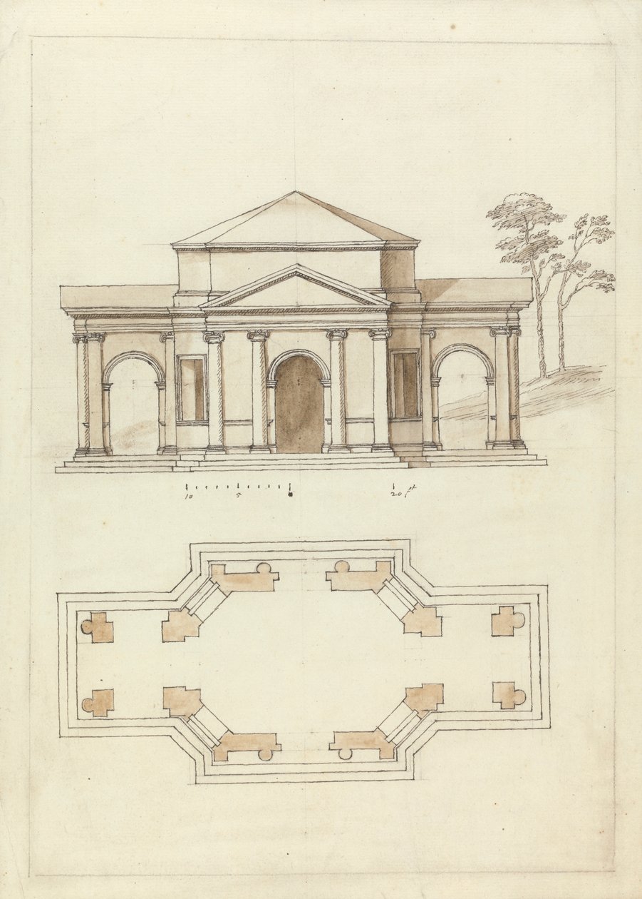 Townsends byggnad i Rousham, Oxfordshire: Höjd och plan av William Kent