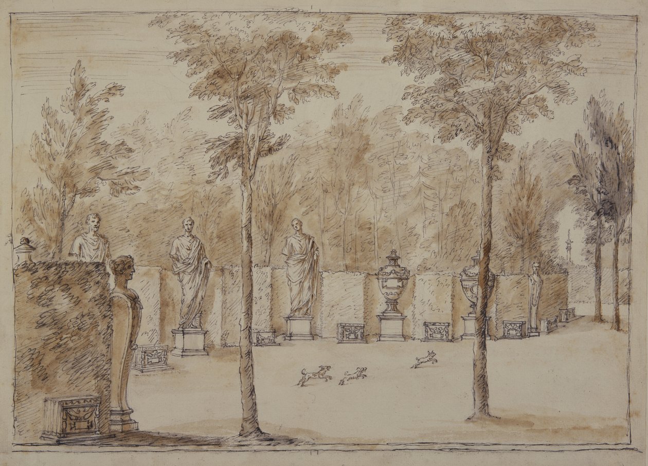 Utsikt in i Exedra vid Chiswick (penna & bläck med brun tvätt på papper) av William Kent