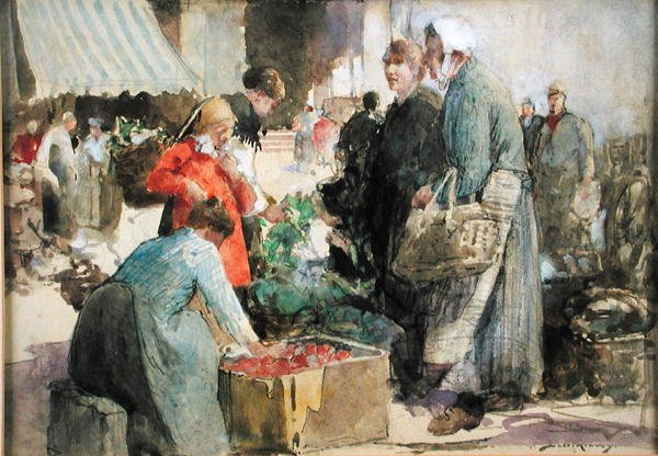 A Picardy Market (akvarell, gouache och penna på papper) av William Lee Hankey