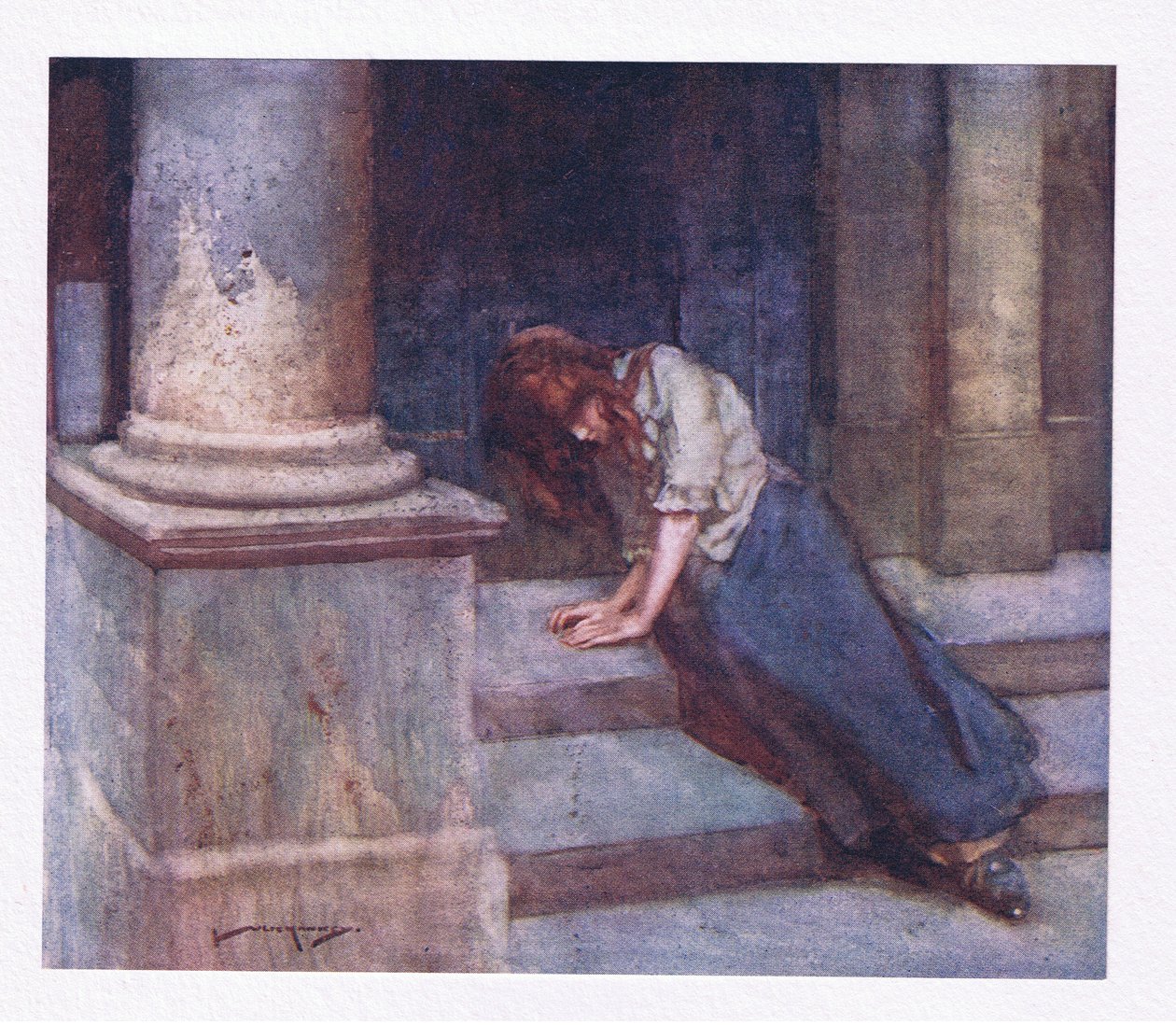 Och, nyplockad av kyla och krympande från duschen, beklagar med tungt hjärta den lyckosamma timmen (färg litho) av William Lee Hankey
