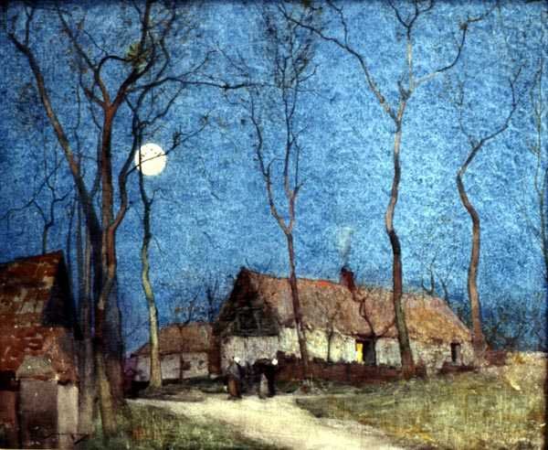 Figurer i en månbelyst by (akvarell på linne) av William Lee Hankey