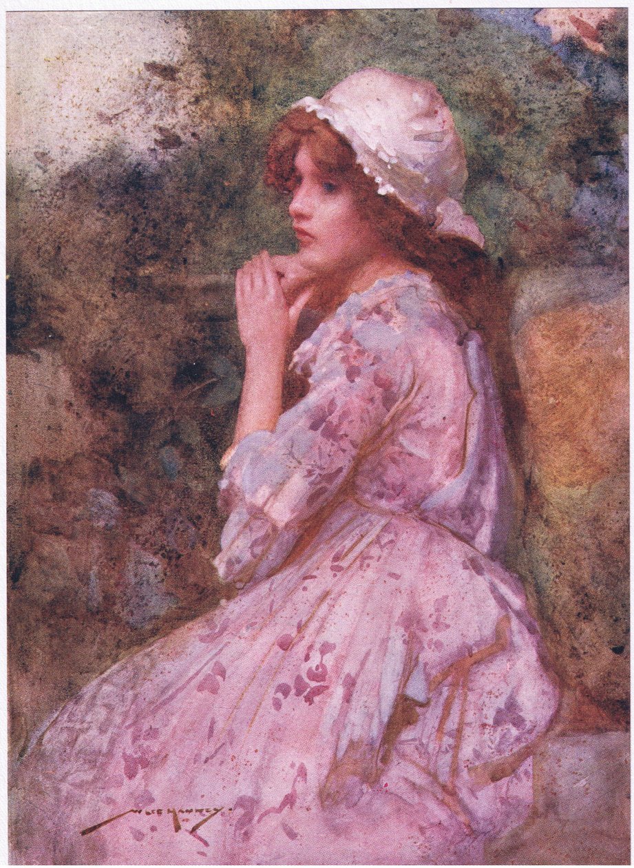 Hennes blygsamma utseende som stugan kan ha e.Kr., söt som primula kikar under tagg (färg litho) av William Lee Hankey