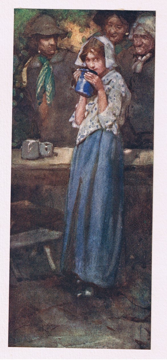 Inte heller den vänliga hembiträdet, halvt villig att bli pressad, ska kyssa bägaren för att låta den vila (färg litho) av William Lee Hankey