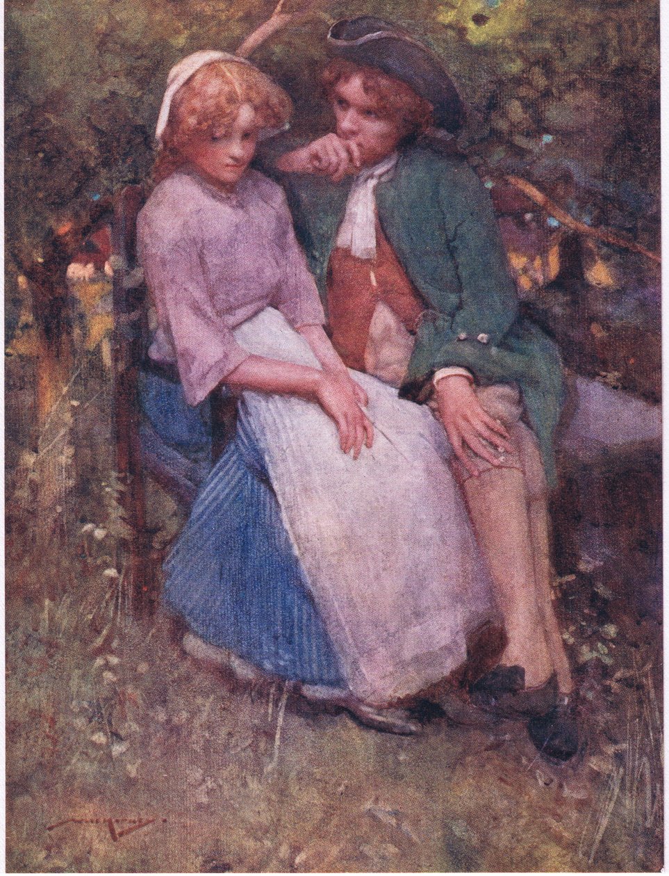 Hagtornsbusken, med säten under skuggan, för att prata ålder och viskande älskare gjort! (färg litho) av William Lee Hankey