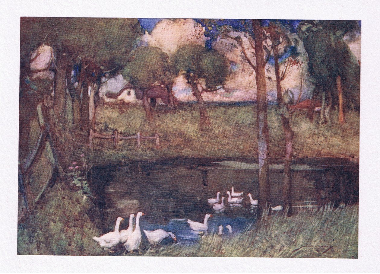 De bullriga gässen som gabblade över poolen (färg litho) av William Lee Hankey