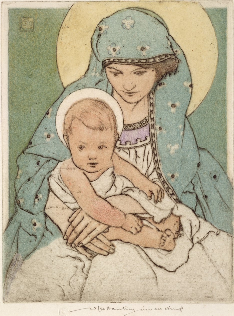 Jungfru Maria med Kristusbarnet (handfärgad torrnål) av William Lee Hankey