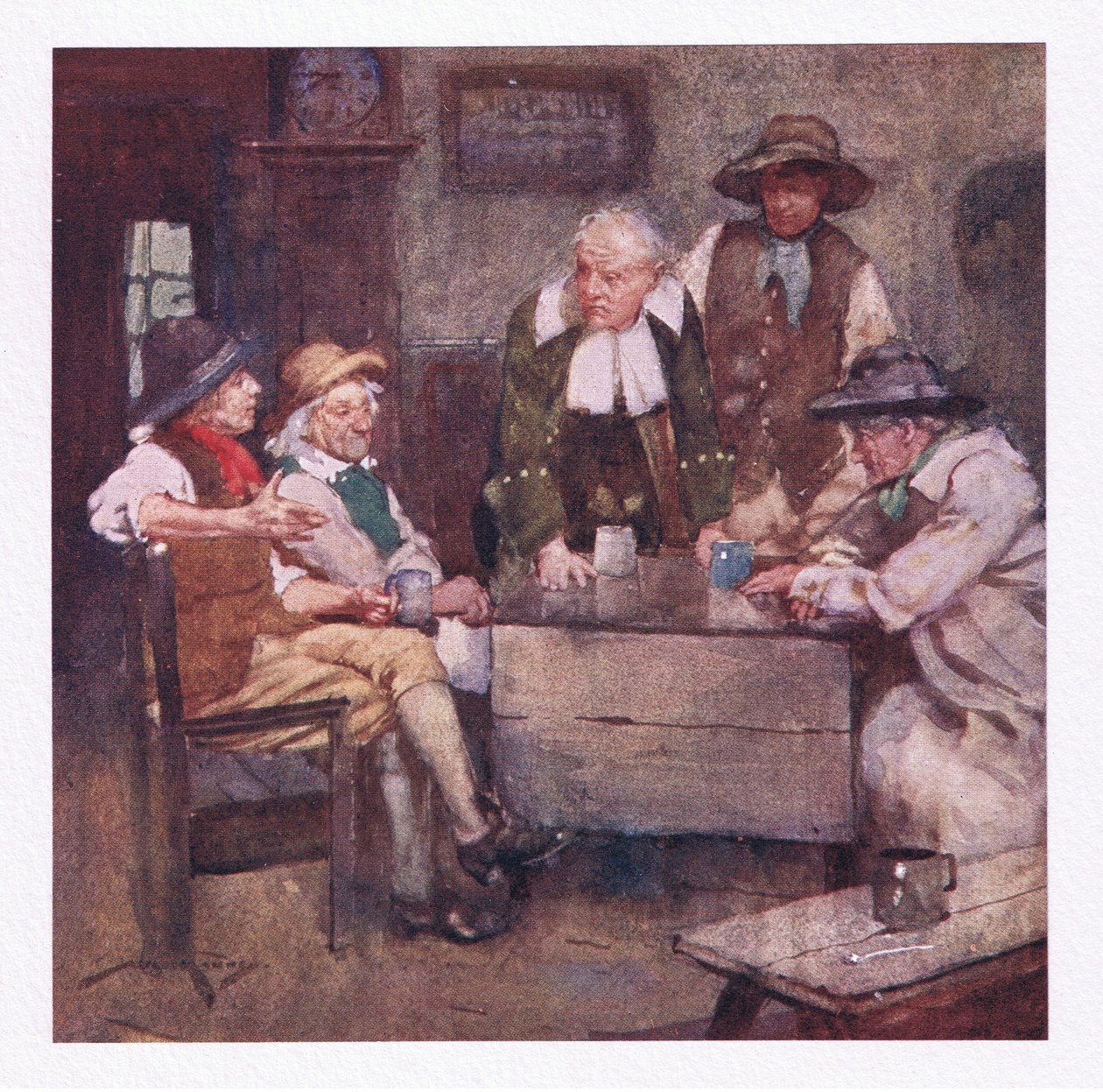 Där bystatsmän pratade med ser djupgående ut och nyheter som var mycket äldre än deras försäljning gick runt (färg litho) av William Lee Hankey