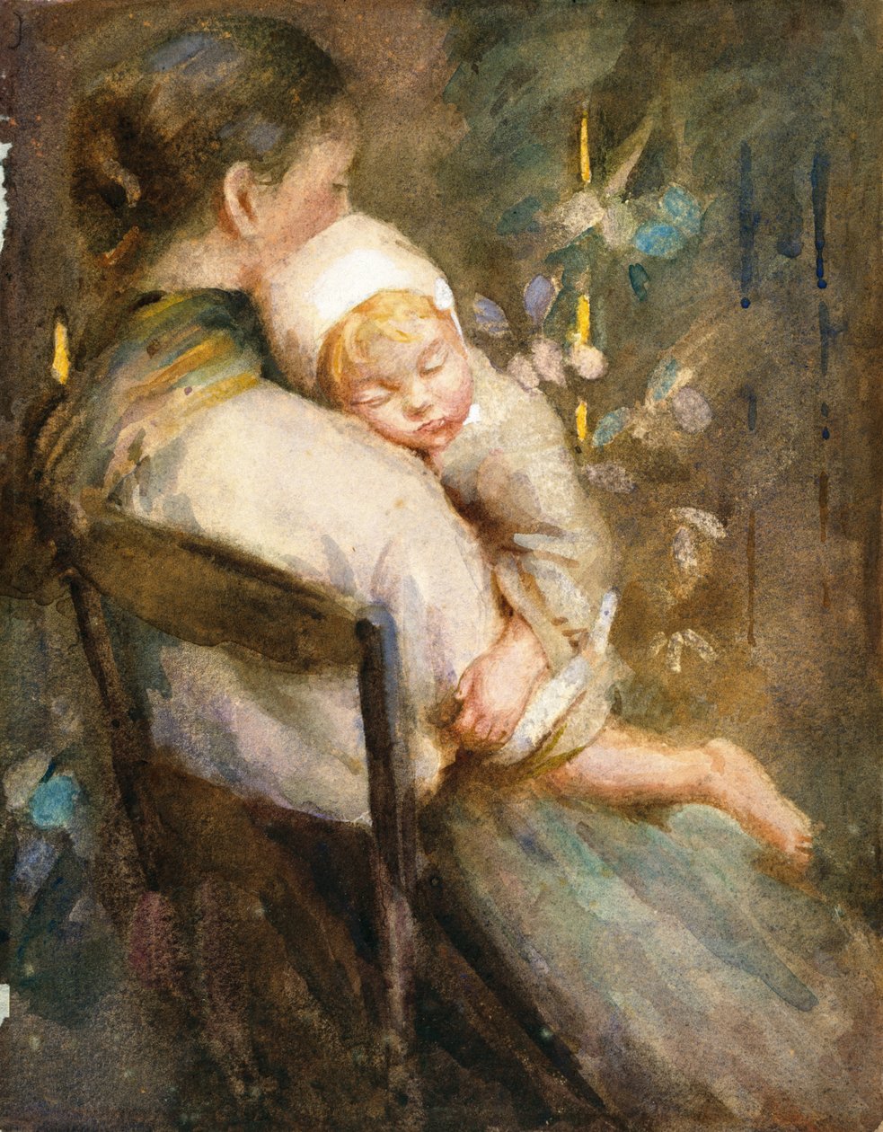 Ung mamma med ett barn som sover i knät (akvarell på papper) av William Lee Hankey