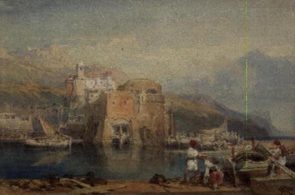 Siciliansk hamnscen (akvarell) av William Leighton Leitch
