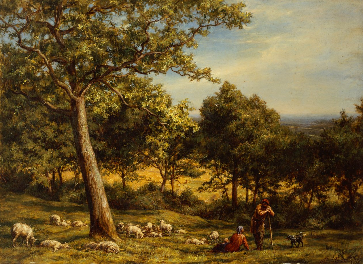 En herde och hans flock i ett solbelyst skogslandskap av William Linnell