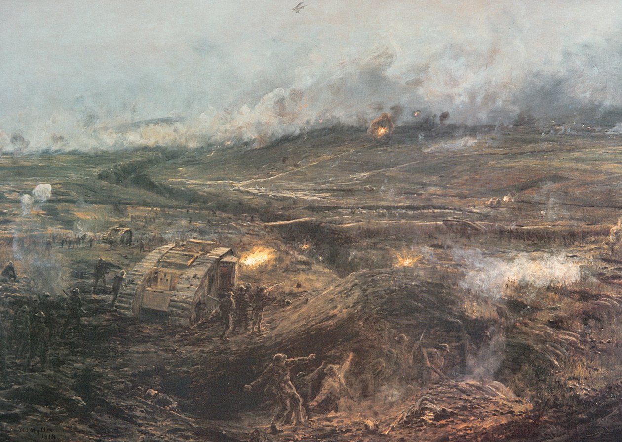 "Dawn, 20th November 1917" - Brittiska stridsvagnar rullar in i Cambrai, Frankrike av William Lionel (after) Wyllie