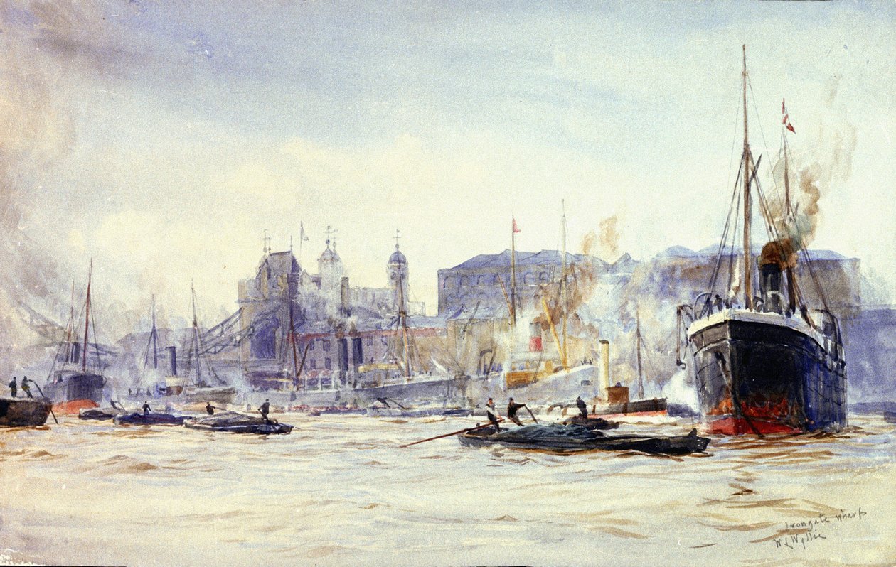 Aktivitetsscen längs Irongate Quay, vid Themsen (England), med Tower Bridge i fjärran av William Lionel Wyllie