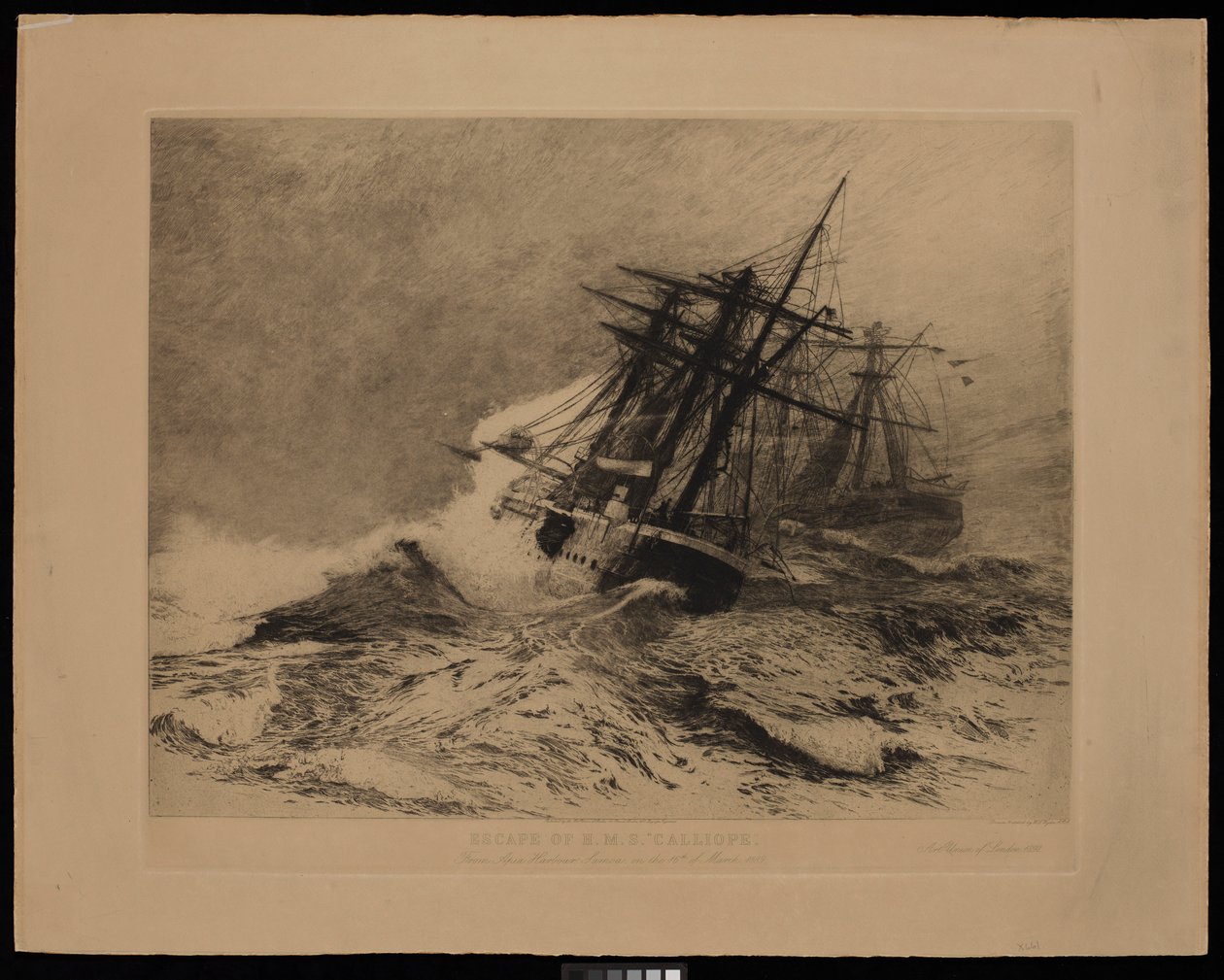 H.M.S. Calliopes flykt från Apia Harbour Samoa den 16 mars 1889 (etsning) av William Lionel Wyllie