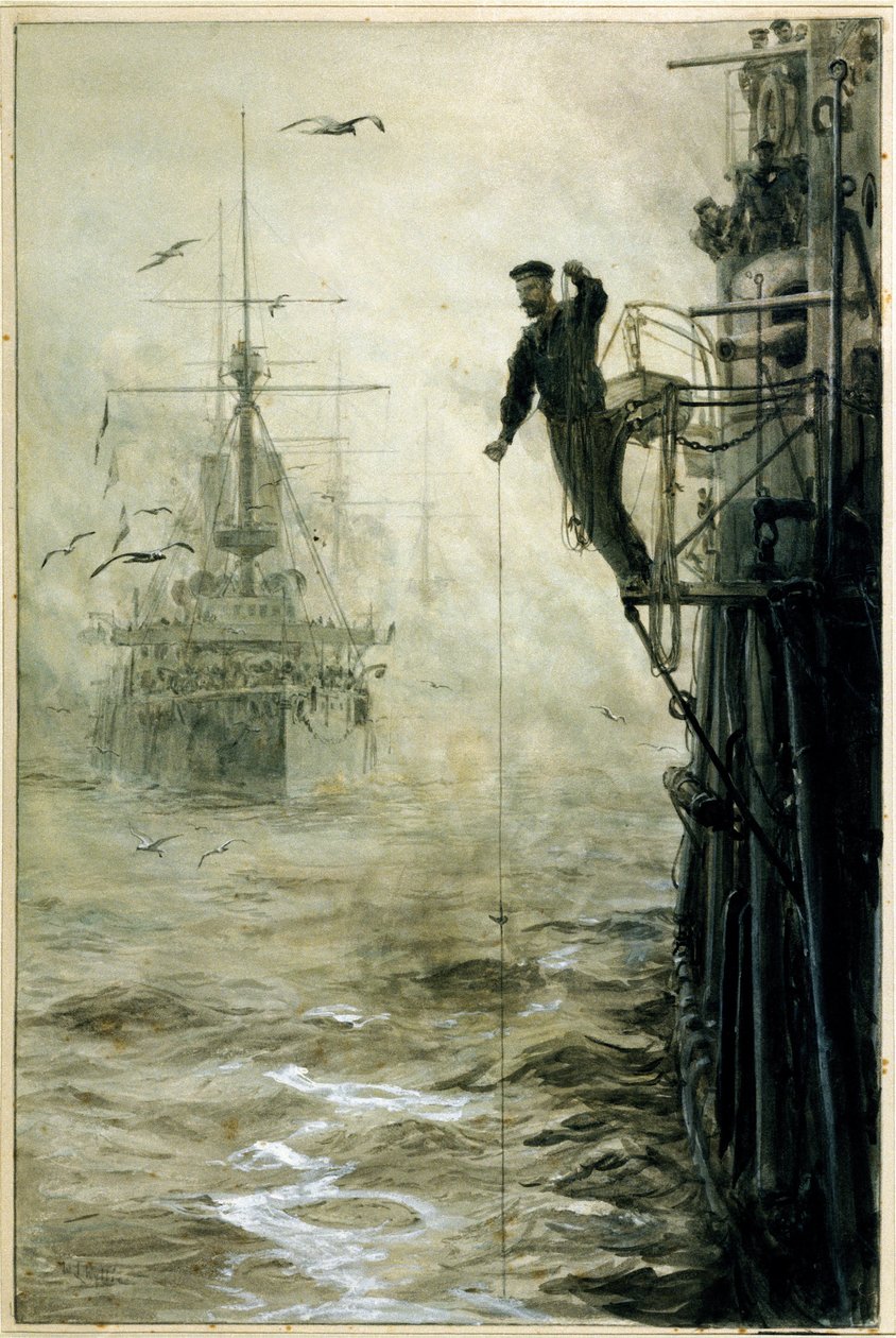 Hitta din väg genom dimman, med en sjöman som balanserar på landningsbanan och håller i ett lod i förgrunden för att mäta vattendjupet av William Lionel Wyllie