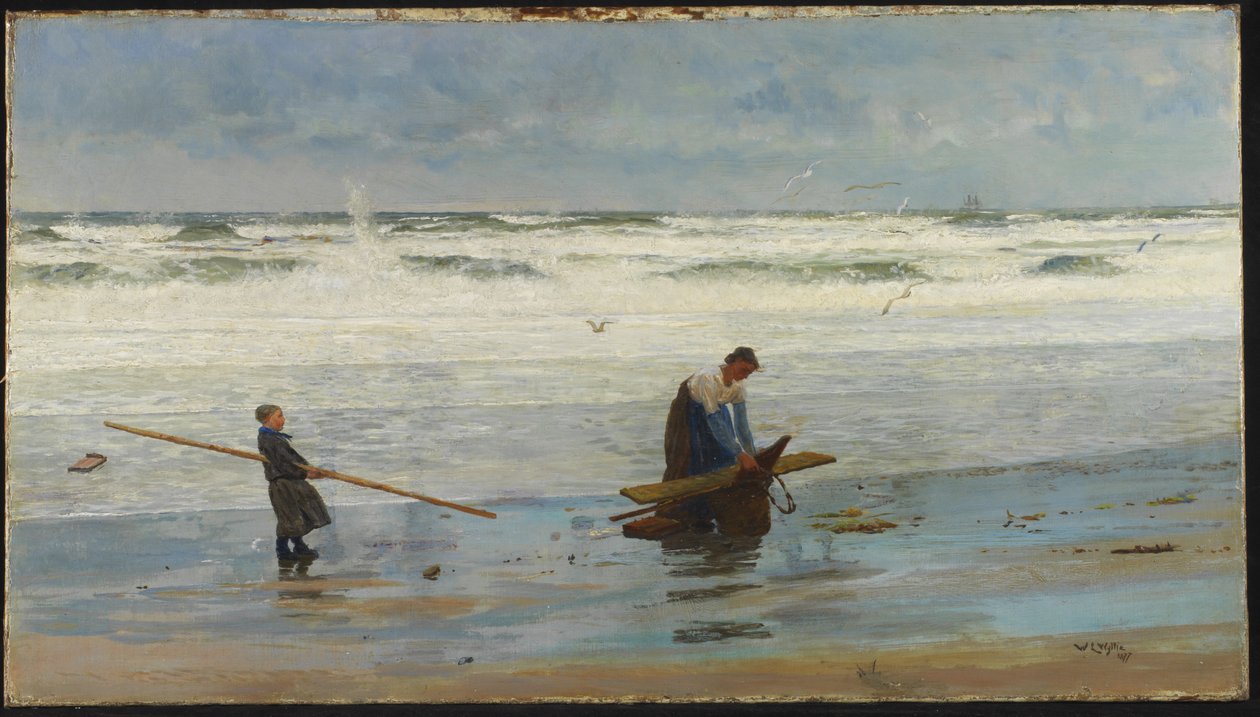 Samlande av drivved, Holland, 1877 av William Lionel Wyllie