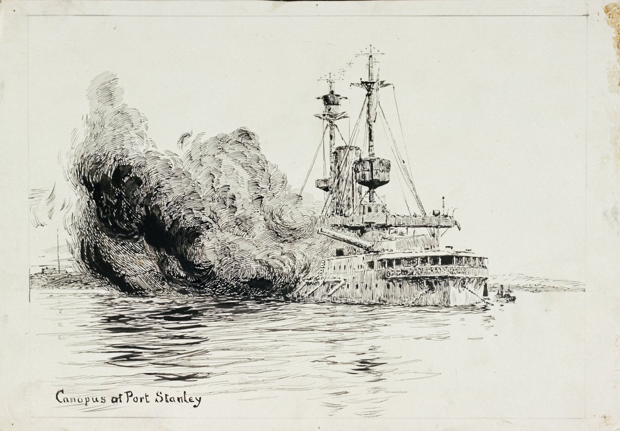 HMS "Canopus" vid Port Stanley, avfyrar de inledande salvorna i slaget om Falklandsöarna, 8 december 1914 (penna  bläck, med svart tvätt, på kort) av William Lionel Wyllie