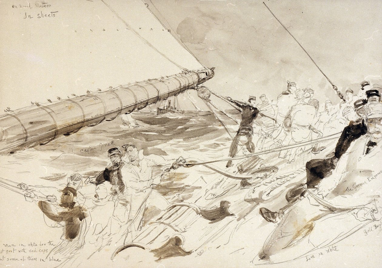 Ombord på den tyska kejserliga yachten "Meteor" (1902), med namnen på besättningsmedlemmarna, inklusive den tyske kejsaren (Kaizer) Wilhelm II (William II) (1859-1941), till höger av William Lionel Wyllie