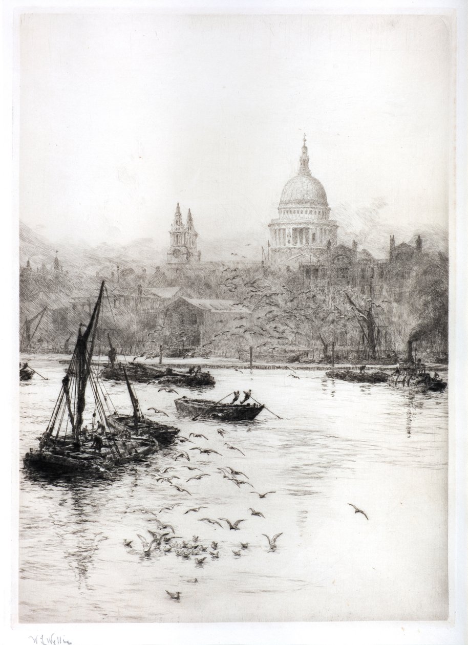 Sjöfart och måsar under St Pauls (akvarell) av William Lionel Wyllie