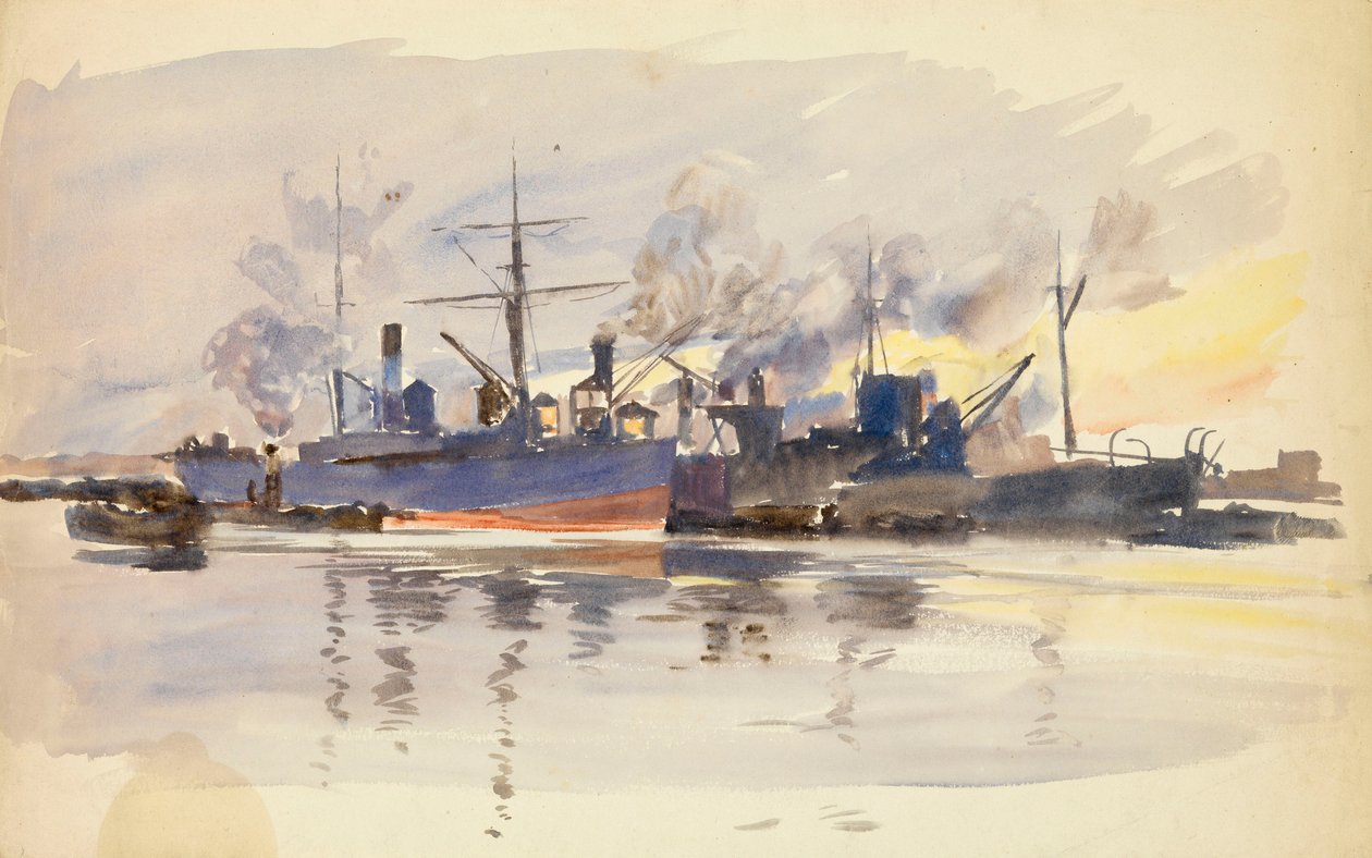 Skiss av handelsfartyg i hamn, sent 1800-tal till tidigt 1900-tal (akvarell) av William Lionel Wyllie