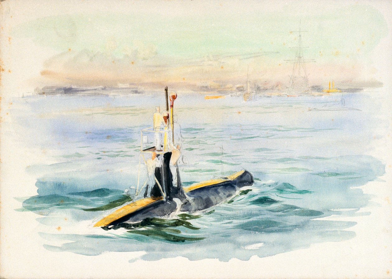 Studie av en ubåt av A-klass under gång, möjligen i Portsmouths hamn, tidigt 1900-tal (akvarell, grafit) av William Lionel Wyllie