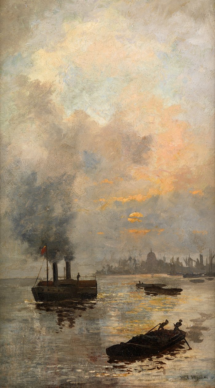 Solnedgang på Themsen (olie på lærred) sved av William Lionel Wyllie