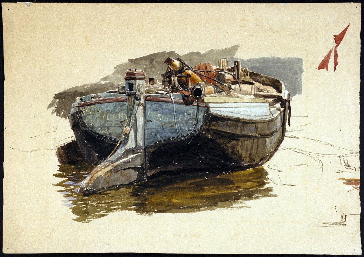 Husbåt på Themsen (England). Akvarell av William Lionel Wyllie