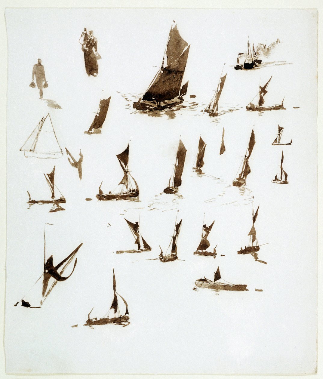 Studier av husbåtar på Themsen (England). Gouache hämtad ur en anteckningsbok, ca 1890, av William Lionel Wyllie (1851-1931). av William Lionel Wyllie