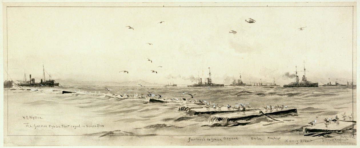 Den tyska högsjöflottan inlåst i Scapa, ca 1918 (tvätt, grått, förhöjt med vitt) av William Lionel Wyllie