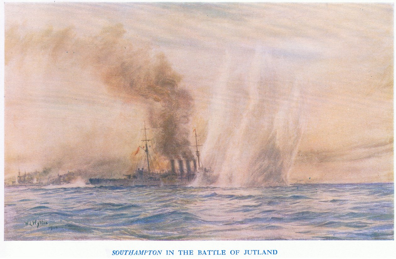 Southampton i slaget vid Jylland, från Cassells History of the British People utgiven av Waverley Book Company Limited, ca 1940. av William Lionel Wyllie